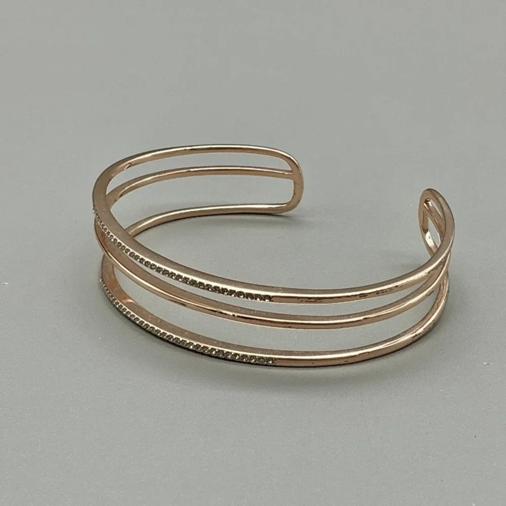 Stella & Dot Bracelet Womens Rose Gold Tone Rhinestone Triple Band Cuff 6.25